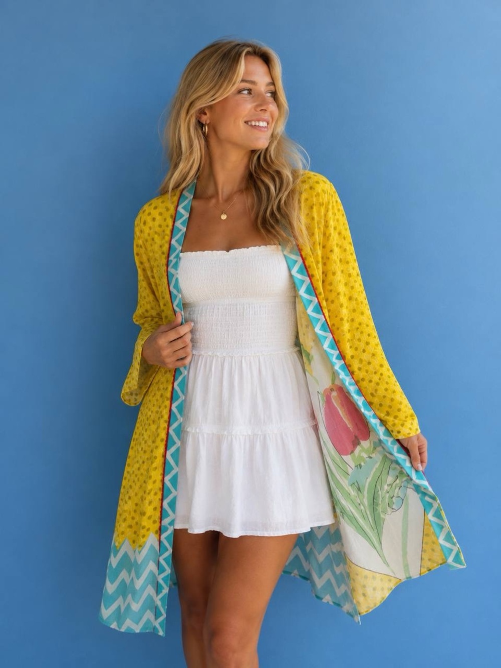 Anthropologie Kimono - Vava by Joy Han Yellow Floral-Trim Open Coverup